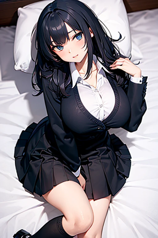 black hair, School Uniform ,busty, buxom, curvy, voluptuous, bed