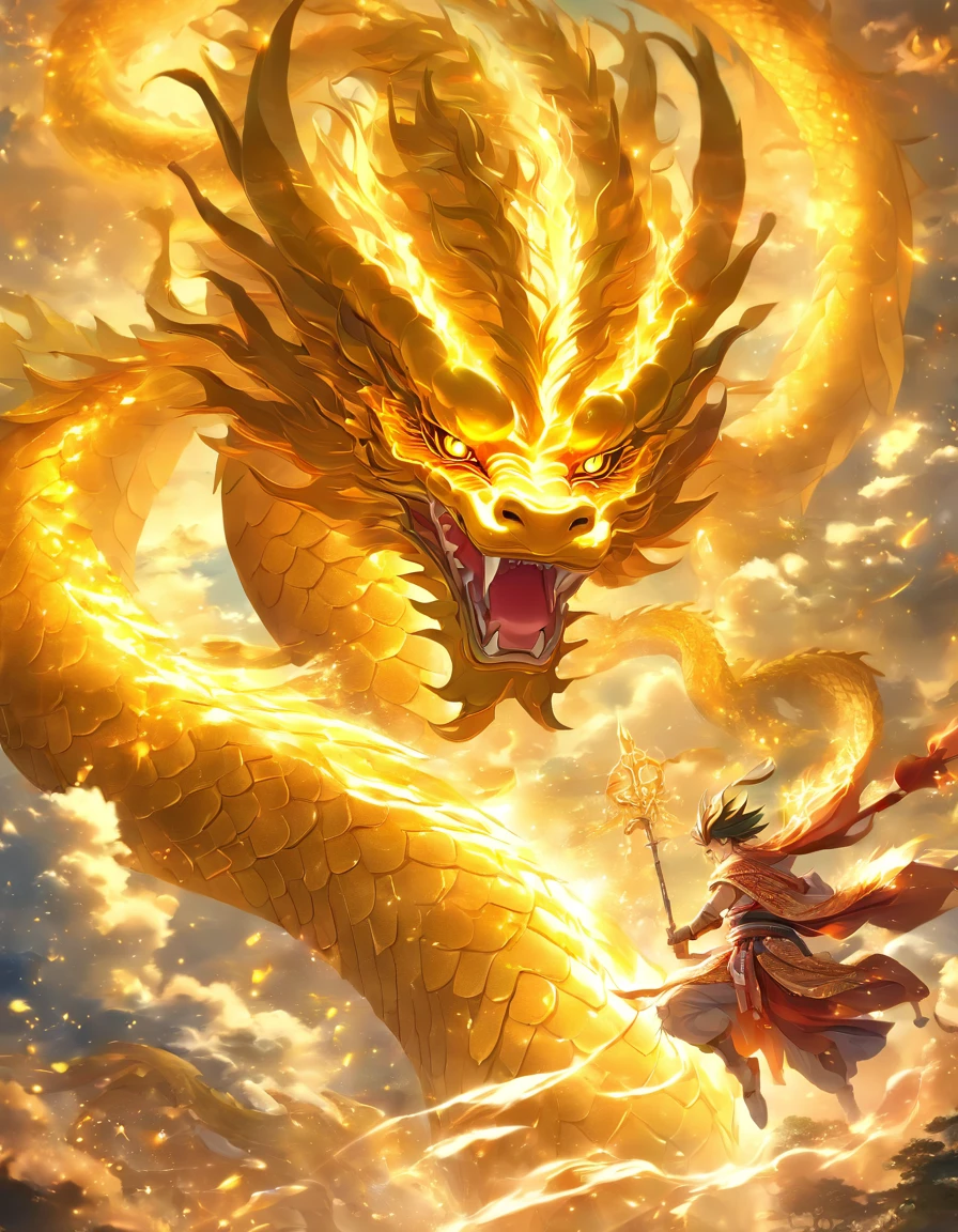 「Making an illustration of the golden dragon god。Long as a snake、Heading-up、Shōryū、sunny sky、spiritual、Spirit、chakra、The Spiritual World、Fantastical」