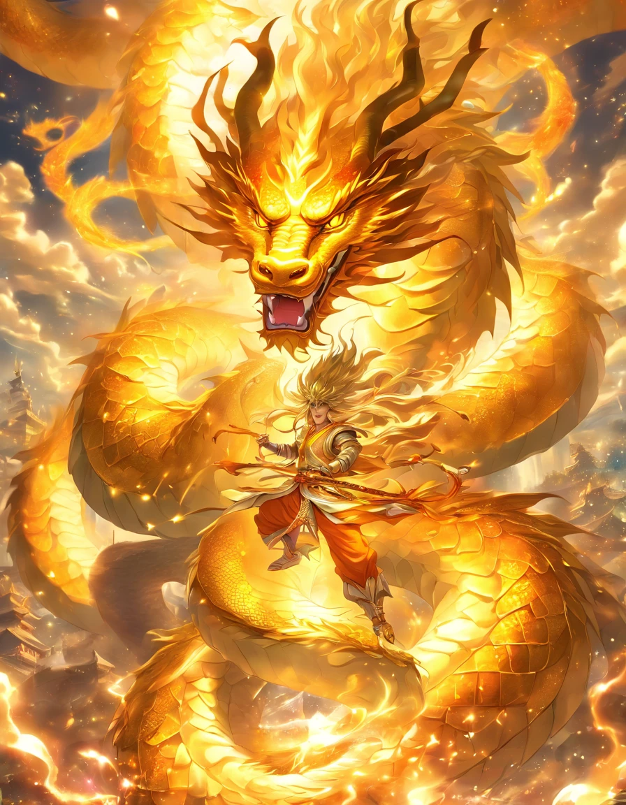 「Making an illustration of the golden dragon god。Long as a snake、Heading-up、Shōryū、sunny sky、spiritual、Spirit、chakra、The Spiritual World、Fantastical」