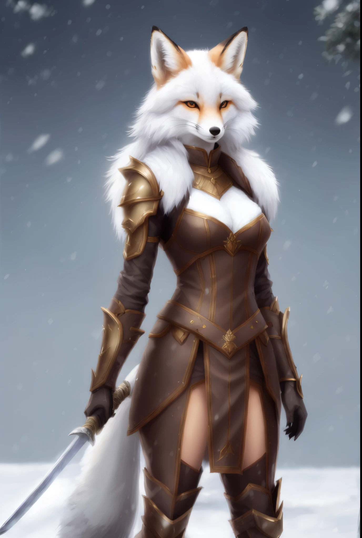 a fox with a sword stands in the snow, a beautiful fox lady, portrait of an anthro fox, art of silverfox, an anthro fox, furry fantasy art, very very beautiful furry art, anthro art, female fox, an anthropomorphic fox, an anthropomorphic fox, Armor dress, Inspired by Kitsune, fox girl