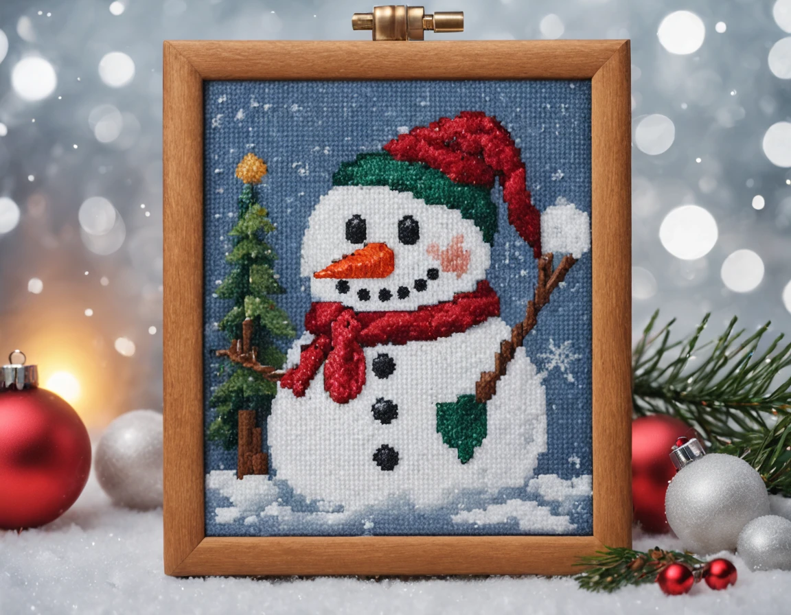 cross-stitch canvas with an image of a snowman near a Christmas tree on a background of falling snow, embroidery, cross-stitch, Christmas palette