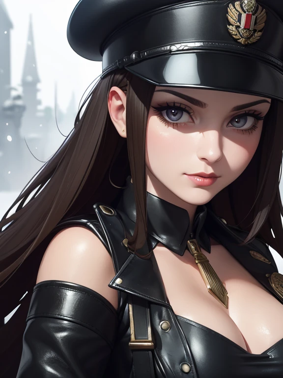 Beautiful ((Pastiche)) Lelitovir posing at (Dynamic Pose) As a dieselpunk army officer in World War II, Black leather uniform with cleavage wearing leather army hat, photo referenced, Highest Quality, High quality, (Detailed face and eyes), dusk lighting,, strong make up, industrial, outdoor snow forest background ((close up))