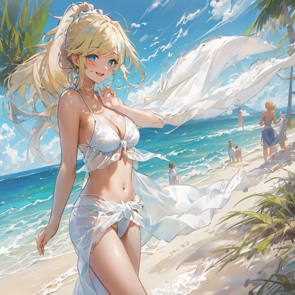 happy,(((masterpiece))),best quality,Beach,((blue sky)),(standing:1.3),from above,(beautiful detailed girl),long hair,swept bangs,blond hair, (1 girl),hand in own hair,looking up,white Sarong pass,white strings bikini,ponytail