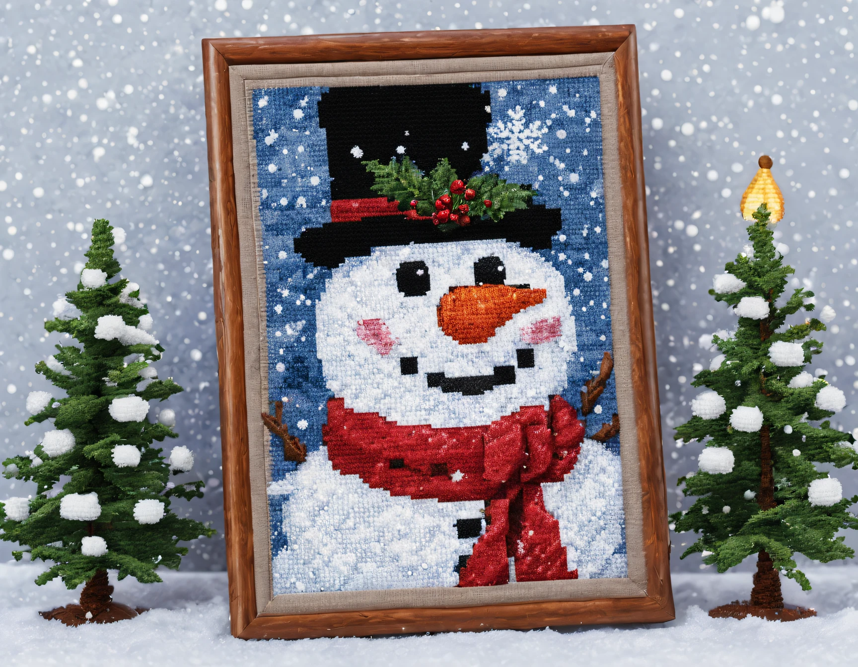 canvas for cross stitch with the image of a snowman near a Christmas tree against the backdrop of falling snow, embroidery, cross-stitch, Christmas palette
