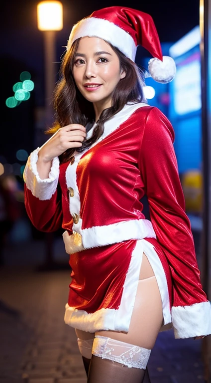 japanese mature, (Solo), 50 years old, (Wrinkles at the corners of the eyes:1.5), Large breasts, A MILF, glamor, A sexy, Chromo-white skin, Looking at Viewer、Super large udder、(((Santa Claus Costume))), (a miniskirt:1.2))、Black pantyhose、high-heels、ssmile、Public places、Christmas tree in the city at night、Prostitutes、