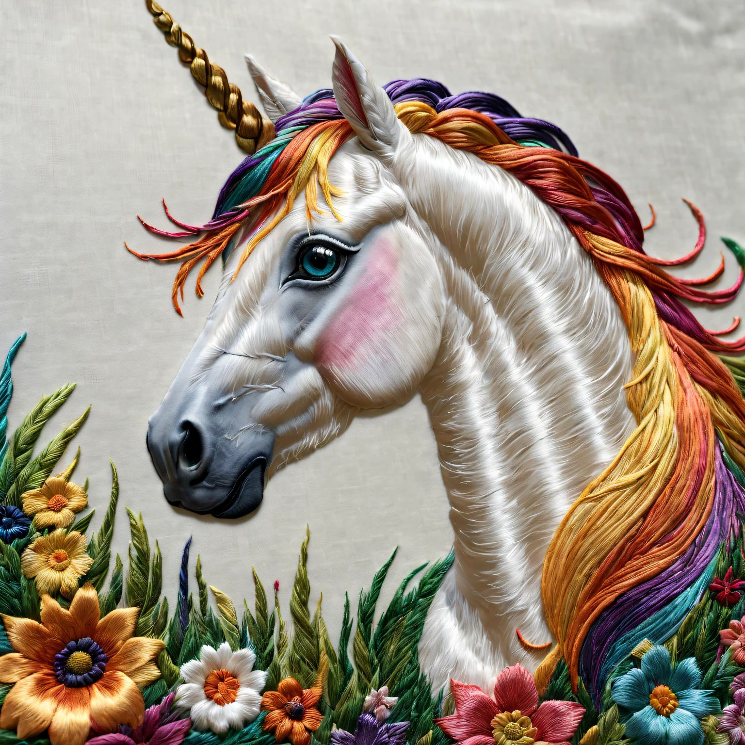 (ultra - detailed, actual:1.37) Embroidered rainbow unicorn on silk,Detailed pubic hair,Subtle lighting effects,Elegant horsehair embroidery artwork,Bright and cheerful rainbow colors,Detailed embroidery of eyes and nose,Elaborately embroidered grass and flowers,Realistic texture elements,Stunning embroidery craftsmanship,A harmonious blend of creativity and craftsmanship。