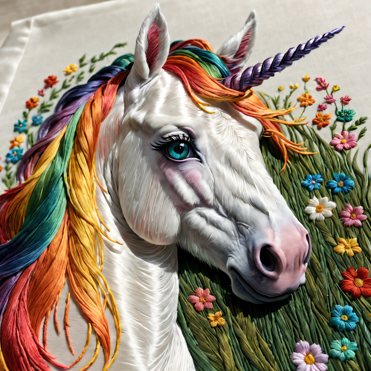 (ultra - detailed, actual:1.37) Embroidered rainbow unicorn on silk，Detailed pubic hair，Subtle lighting effects，Elegant horsehair embroidery artwork，Bright and cheerful rainbow colors，Detailed embroidery of eyes and nose，Elaborately embroidered grass and flowers，Realistic texture elements，Stunning embroidery craftsmanship，A harmonious blend of creativity and craftsmanship。