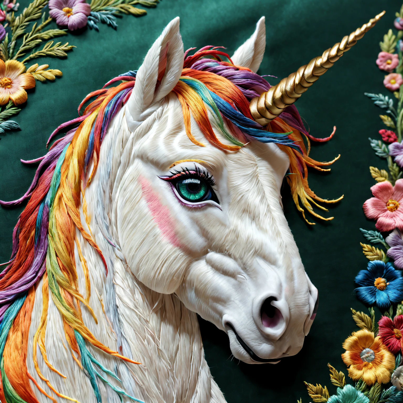 (ultra - detailed, actual:1.37) Embroidered rainbow unicorn on silk，Detailed pubic hair，Subtle lighting effects，Elegant horsehair embroidery artwork，Bright and cheerful rainbow colors，Detailed embroidery of eyes and nose，Elaborately embroidered grass and flowers，Realistic texture elements，Stunning embroidery craftsmanship，A harmonious blend of creativity and craftsmanship。