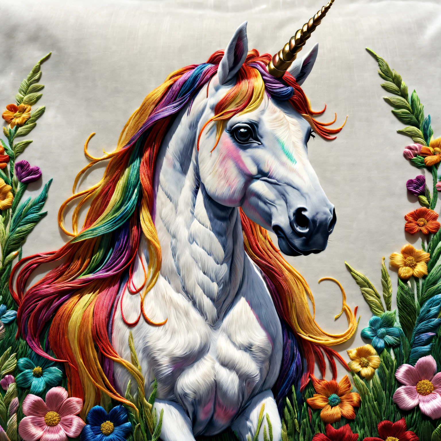 (ultra - detailed, actual:1.37) Embroidered rainbow unicorn on silk，Detailed pubic hair，Subtle lighting effects，Elegant horsehair embroidery artwork，Bright and cheerful rainbow colors，Happy and lively composition，Elaborately embroidered grass and flowers，Realistic texture elements，Stunning embroidery craftsmanship，A harmonious blend of creativity and craftsmanship。