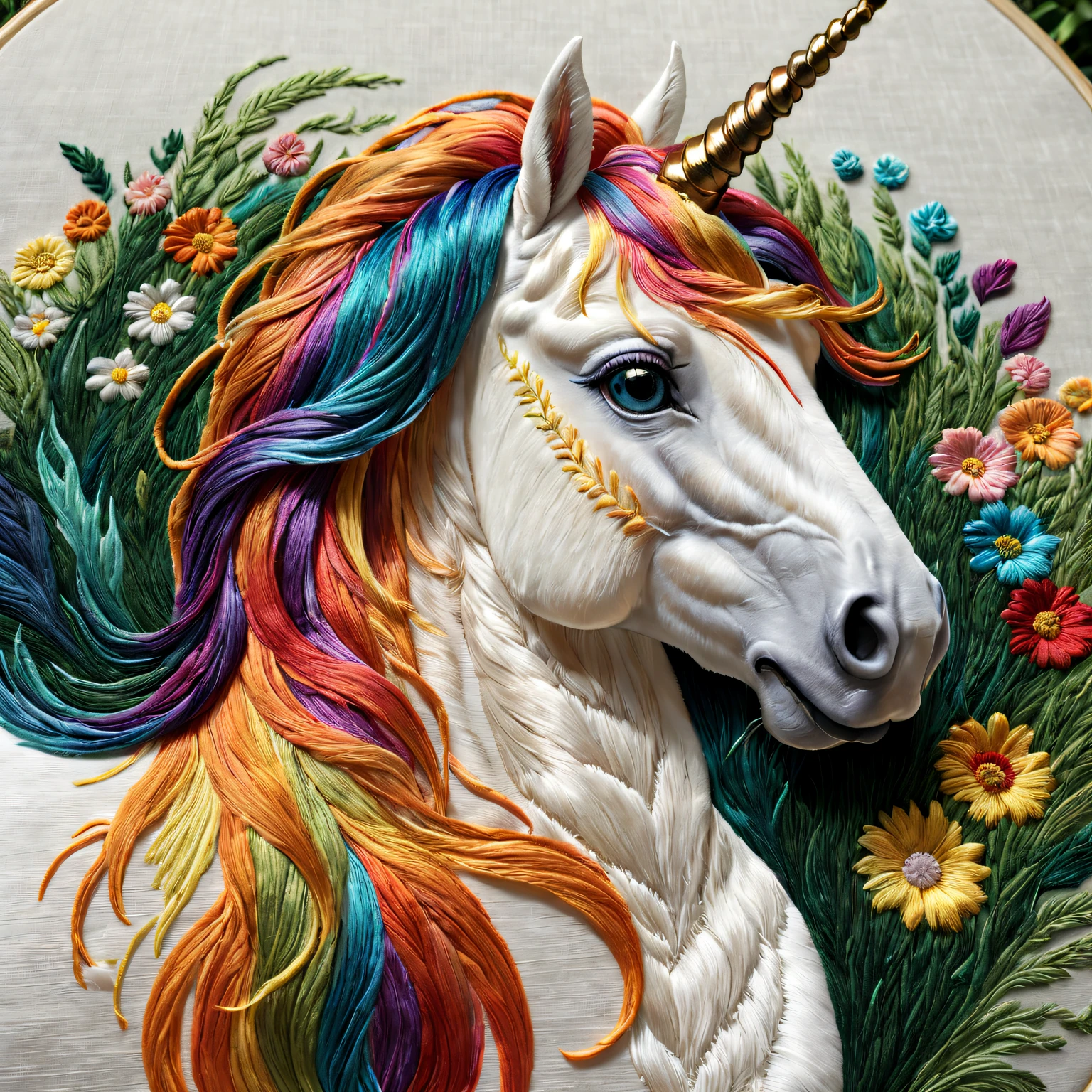 (ultra - detailed, actual:1.37) Embroidered rainbow unicorn on silk，Detailed pubic hair，Subtle lighting effects，Elegant horsehair embroidery artwork，Bright and cheerful rainbow colors，Happy and lively composition，Elaborately embroidered grass and flowers，Realistic texture elements，Stunning embroidery craftsmanship，A harmonious blend of creativity and craftsmanship。