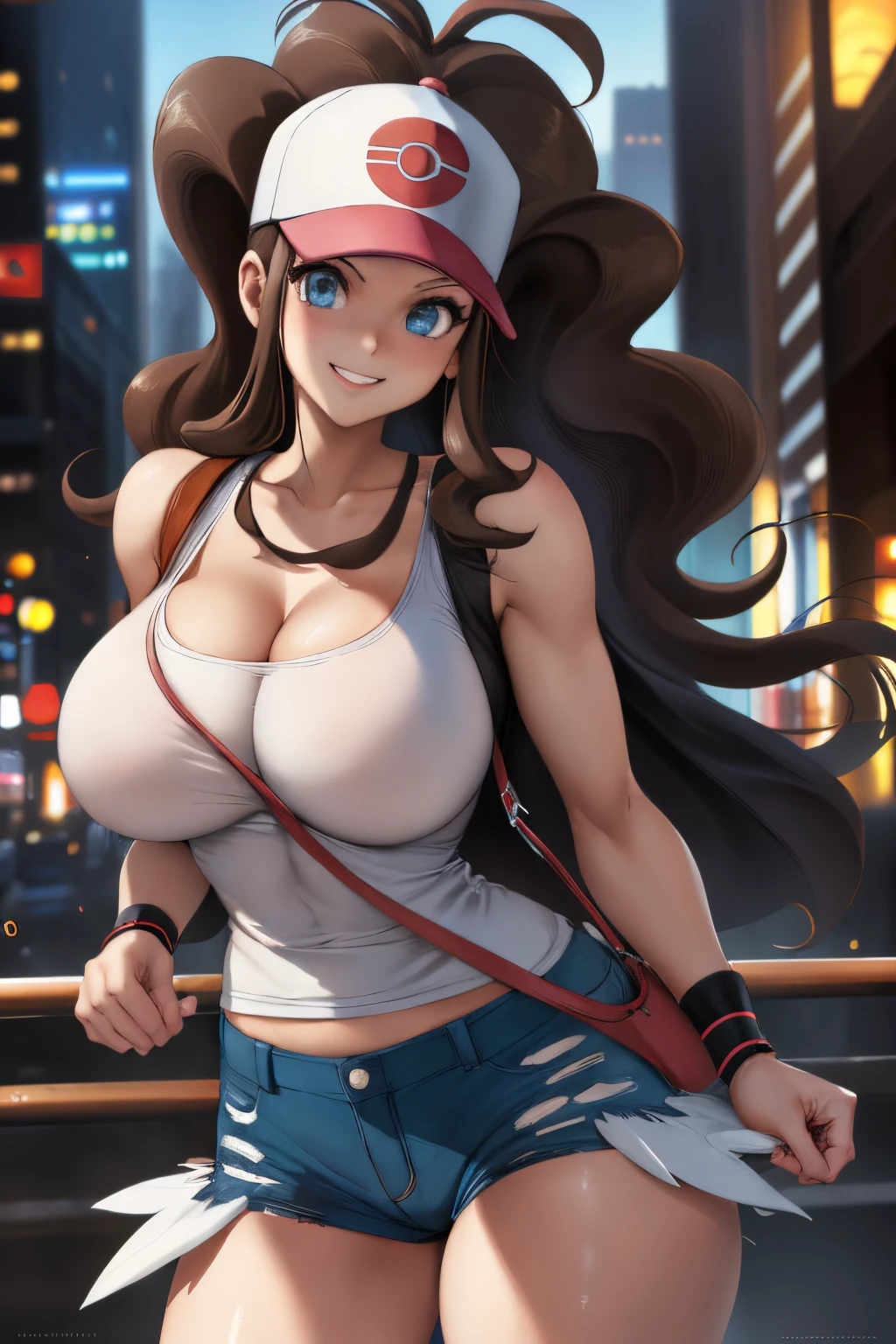 centered, award winning upper body portrait, cowboy shot, (looking at viewer:1.2), | solo, smile,  def1, | city,  scenery, city lightokeh, depth of field, cinematic composition, |  dynamic pose, mature, large breasts