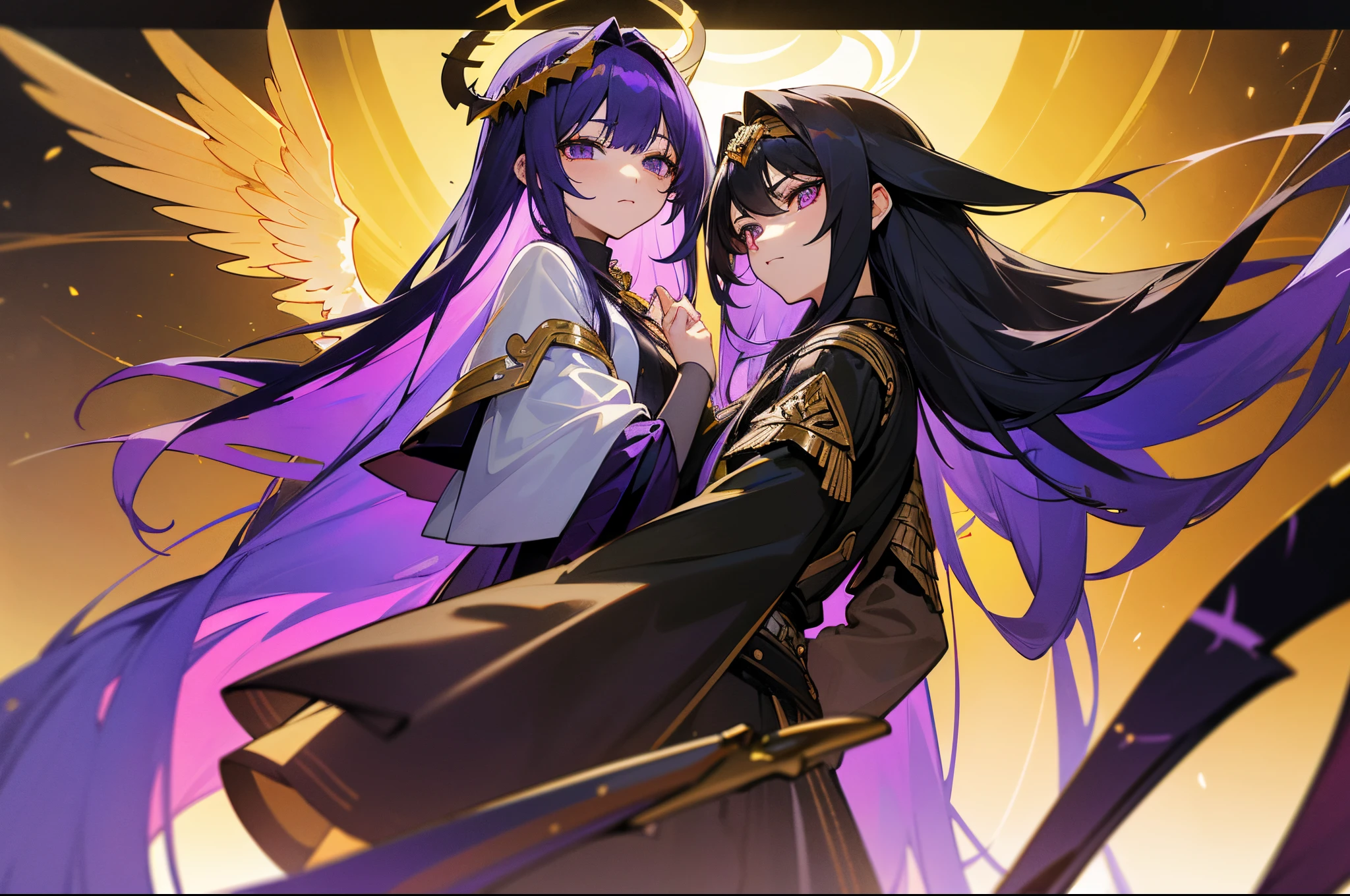 Two people take a group photo。One has black hair，Golden-eyed ager。A girl with long purple hair and golden eyes。huge scythe，incredulous，Gemini，Both men were wearing golden armor。Both of them are angeloys have black wings，Girls have white wingoys are black angel halo，Girls are purple angel halo。