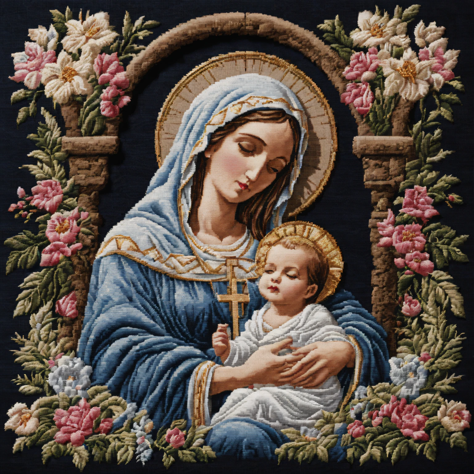 cross-stitched image of the Virgin Mary, cradle with a baby next to it, dark background of the grotto, cross stitch style