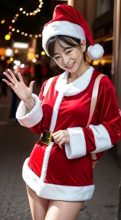 japanese mature, (Solo), 50 years old, (Wrinkles at the corners of the eyes:1.5), Large breasts, A MILF, glamor, A , Chromo-white skin, Looking at Viewer、Super large udder、(((Santa Claus Costume))), (a miniskirt:1.2))、Black pantyhose、high-heels、ssmile、Public places、Christmas tree in the city at night、Prostitutes、