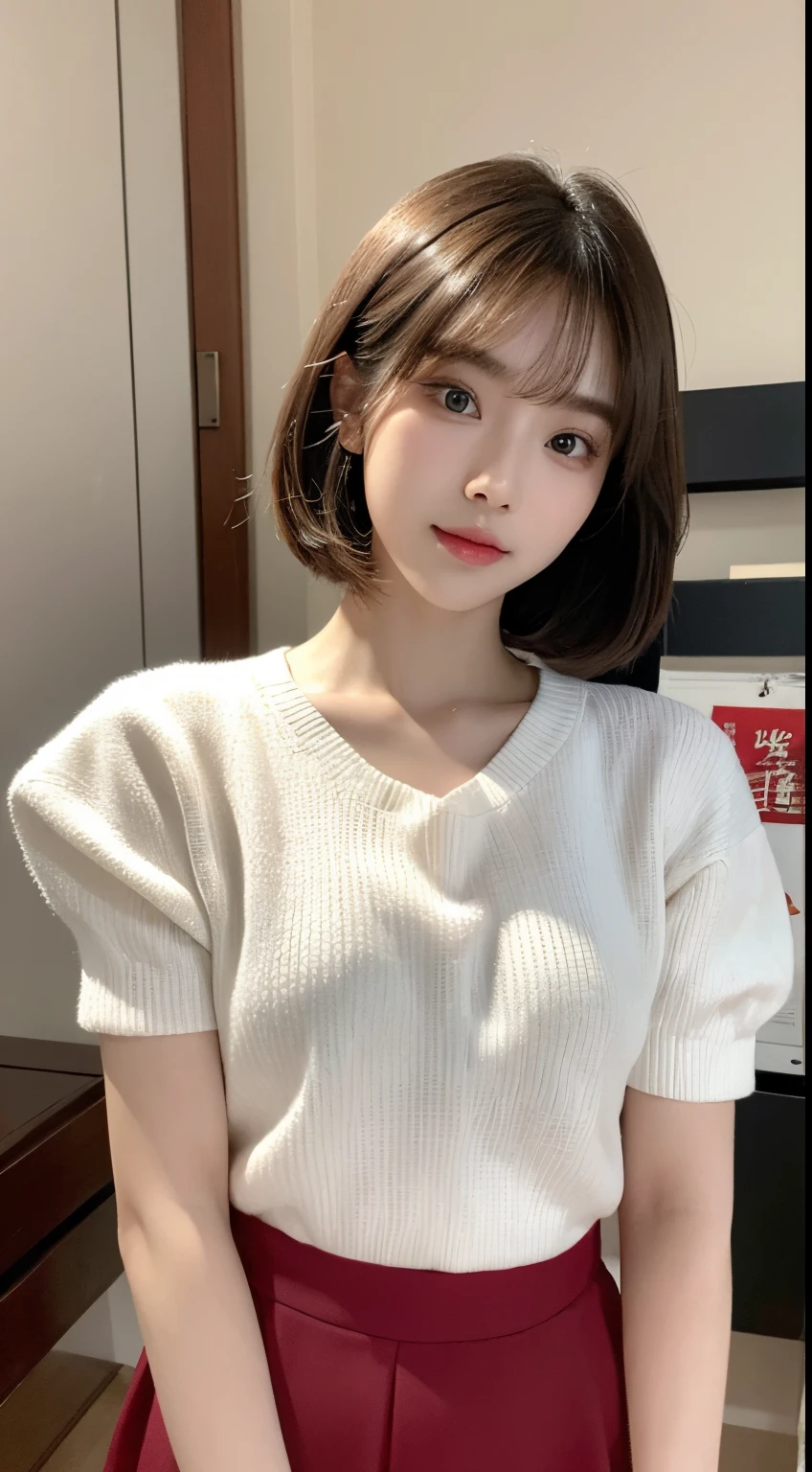 tmasterpiece, 1 beutiful girl, Detailed eyes, pretty eyes, quality, 超A high resolution, (Realistis: 1.4), RAW photogr, 1 pretty girl, cinmatic lighting,a asian beauty, Korea, is very beautiful, Beautiful skins, slim, body facing the front, (Ultra photo realsisim), (A high resolution), (8 K), (The is very detailed), (Most Best Illustration), (美丽细致的眼睛), (超詳細), 详细的脸, looking at viewert,ssmile, Staring straight ahead, Neat clothes, 无袖,short detailed hair,brunette color hair,46 points oblique bangs,white backgrounid,tidy room,