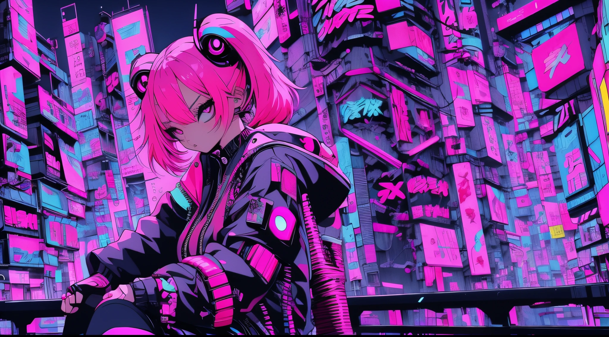 anime girl with pink hair sitting on a chair in a neon city, cyberpunk anime girl in hoodie, cyberpunk anime girl, anime style 4 k, anime cyberpunk art, best anime 4k konachan wallpaper, digital cyberpunk anime art, female cyberpunk anime girl, digital cyberpunk - anime art, cyberpunk anime art, anime cyberpunk, cyberpunk streetwear, cyberpunk art style