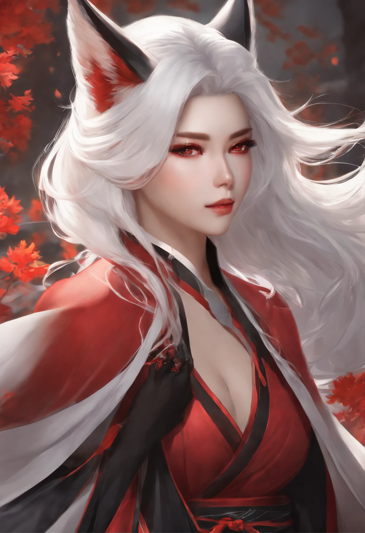 Anime girl with white hair, red and black outfit and white tail, onmyoji detailed art, extremely detailed artgerm, white haired deity, ig model | artgerm, white - haired fox, onmyoji, wlop rossdraws, artgerm on artstation pixiv, 2. 5 d cgi anime fantasy artwork, Yang J