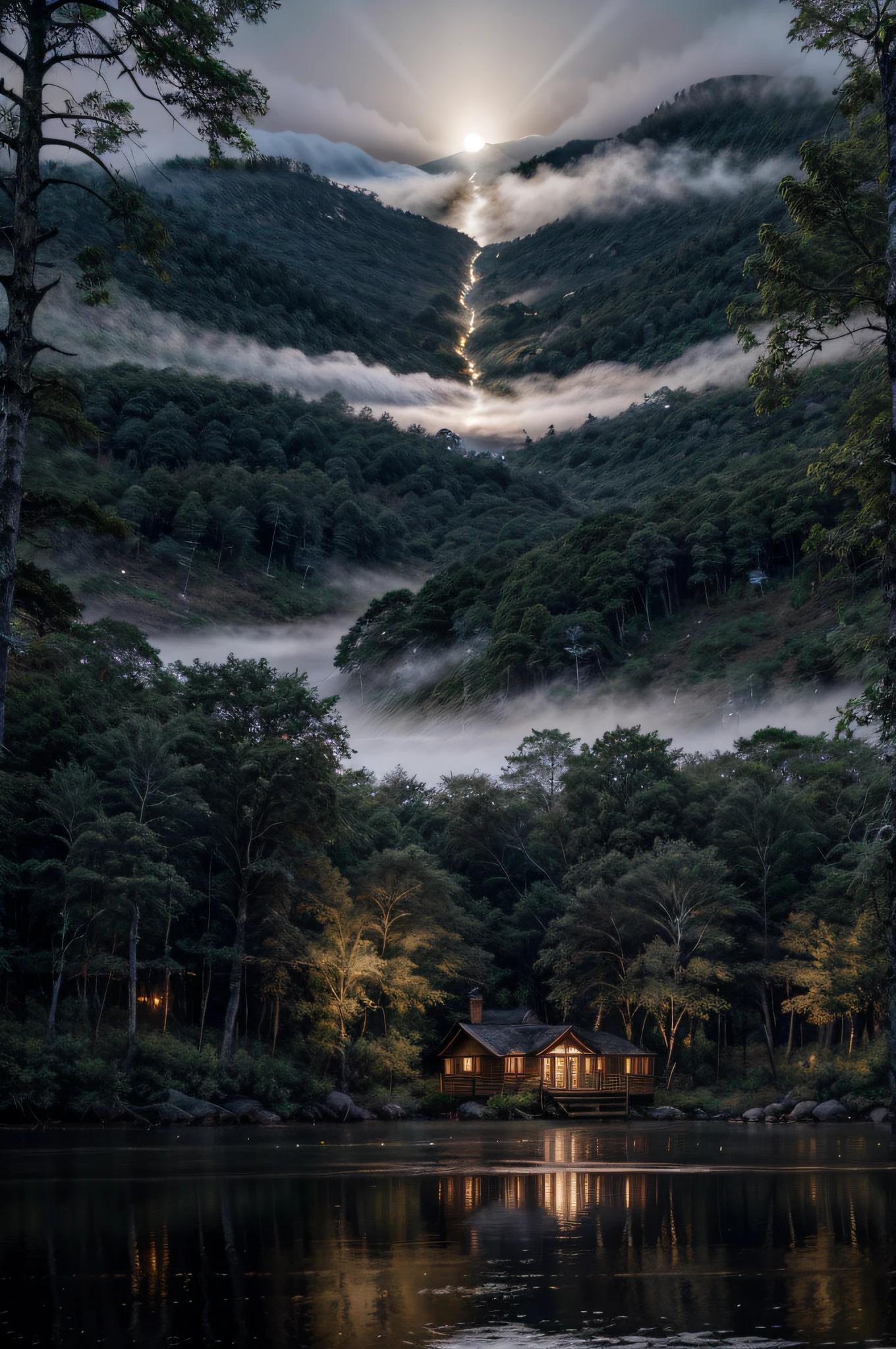 Create a tranquil lakeside cabin scene in a dense misty forest. The mood should be one of mystery and calm, with the cabin's lights softly glowing through the mist