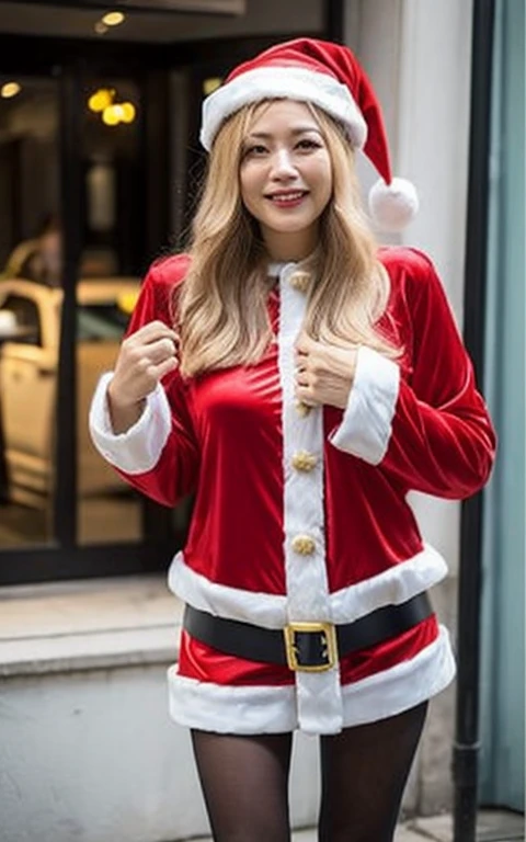 non-japanese mature woman, (Solo), 50 years old, (Wrinkles at the corners of the eyes:1.5), Large breasts, A MILF, glamor, A sexy, Chromo-white skin, Looking at Viewer、Super large udder、(((Santa Claus Costume))), (a miniskirt:1.2))、Black pantyhose、high-heels、ssmile、Public places、Christmas tree in the city at night、Prostitutes、