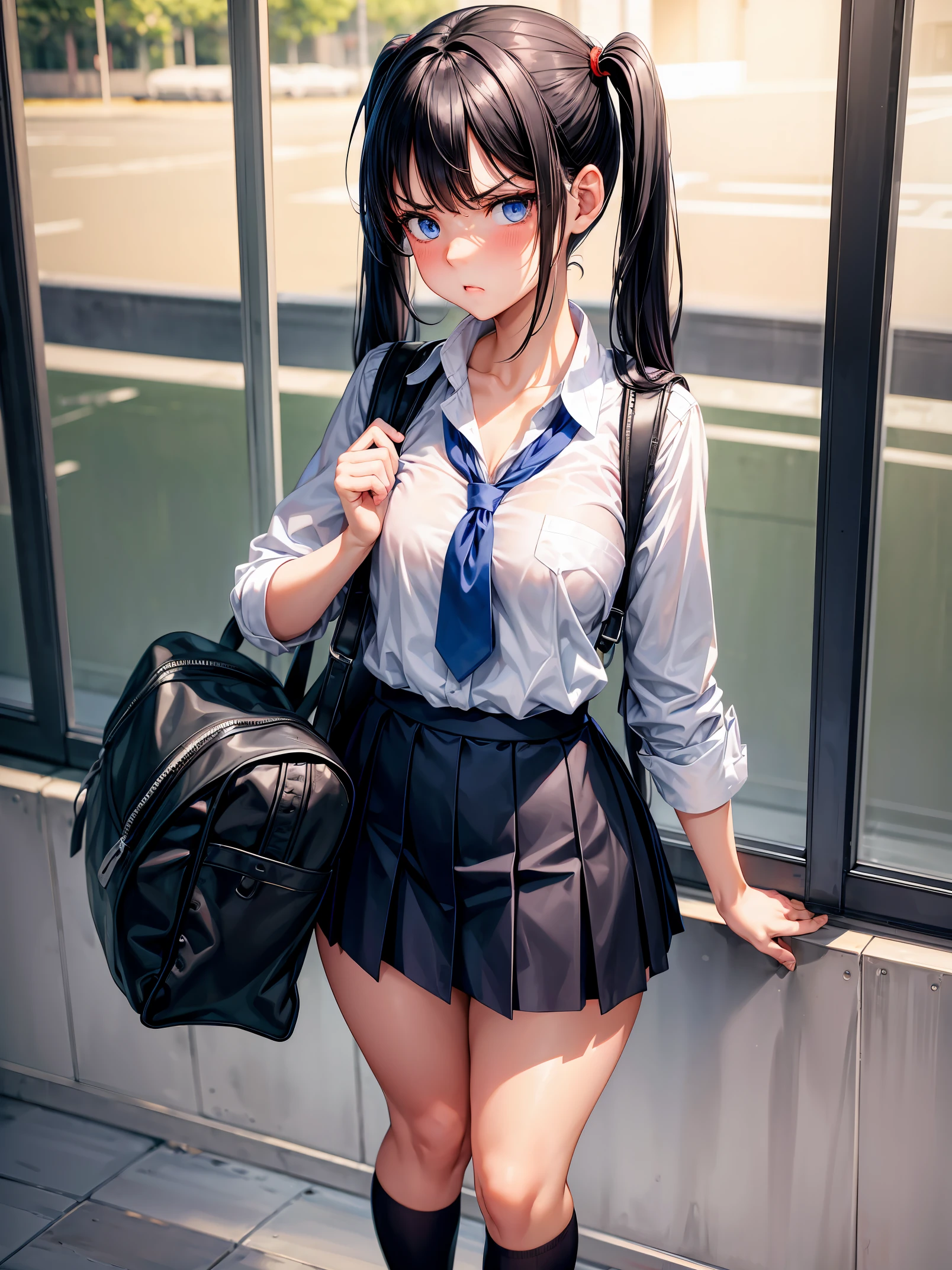 hot girl, wearing small school dress, black hair in twin tails, blue eyes, slightly angry eyes, embarrassed facial expression, red cheeks, standing up, looking towards the viewer, thick thighs, short skirt, full body in image, no bags in image