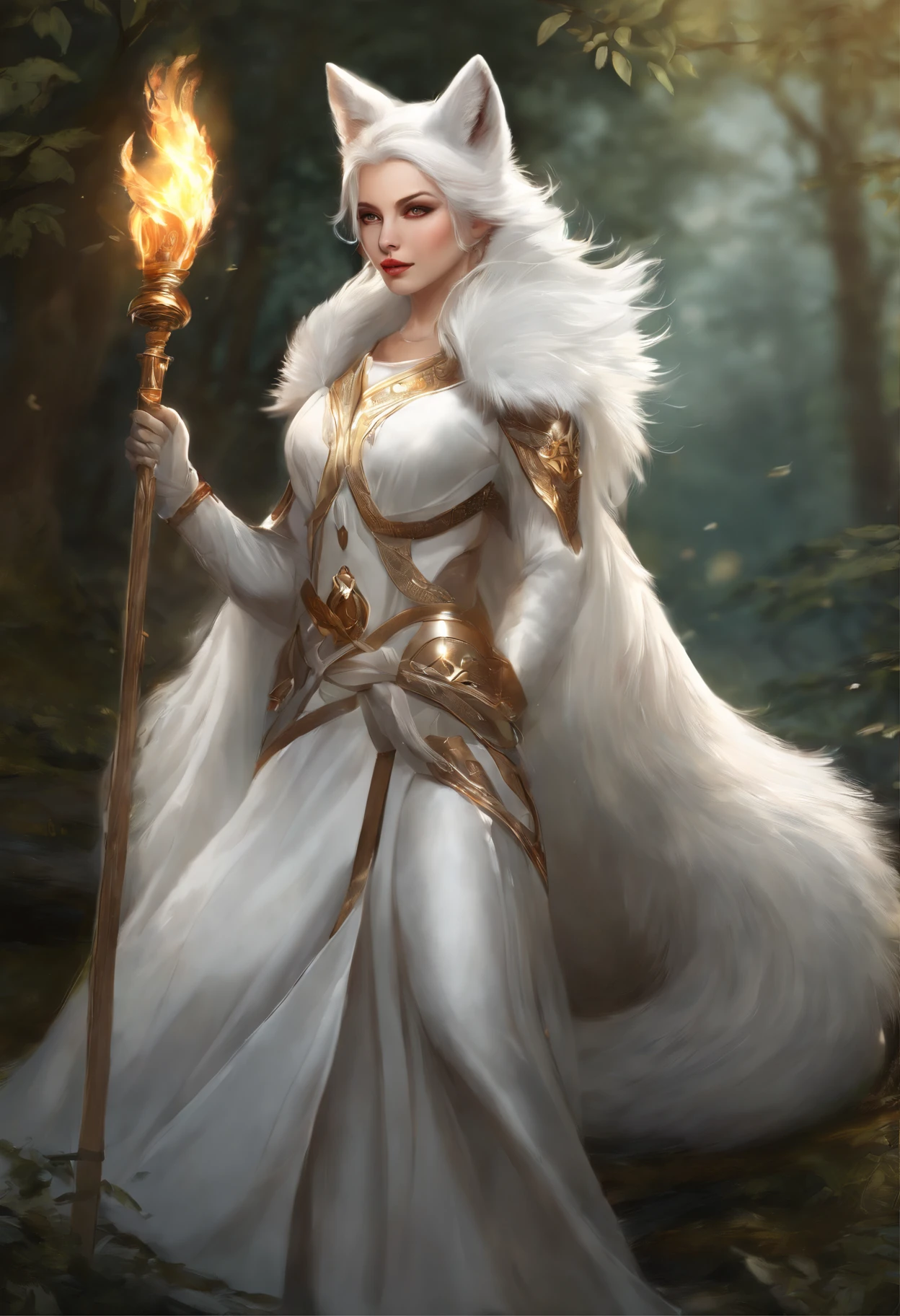 Anime - illustration in the style of a woman, dressed as a white fox, with a staff, Armor dress, Inspired by Kitsune, art of silverfox, Kitsune holding the torch, a beautiful fox lady, fox nobushi, furry fantasy art, Female anthropomorphic wolf, epic exquisite character art, very very beautiful furry art, white - haired fox, alexandra fomina artstation