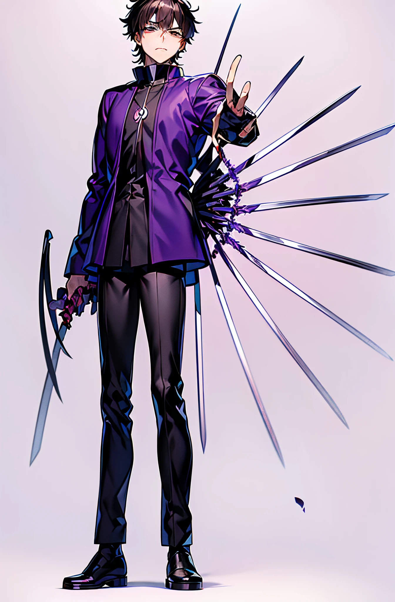 Anime character holding knife and purple jacket, Inspired by Kamisaka snowflakes, Kazuto Okada, Okumura Masanobu&#39;s inspiration, Inspired by Uchiha Obito, trigger anime artstyle, Inspired by Okumura Togyu, kentaro miura art style, best anime character design，Raven element