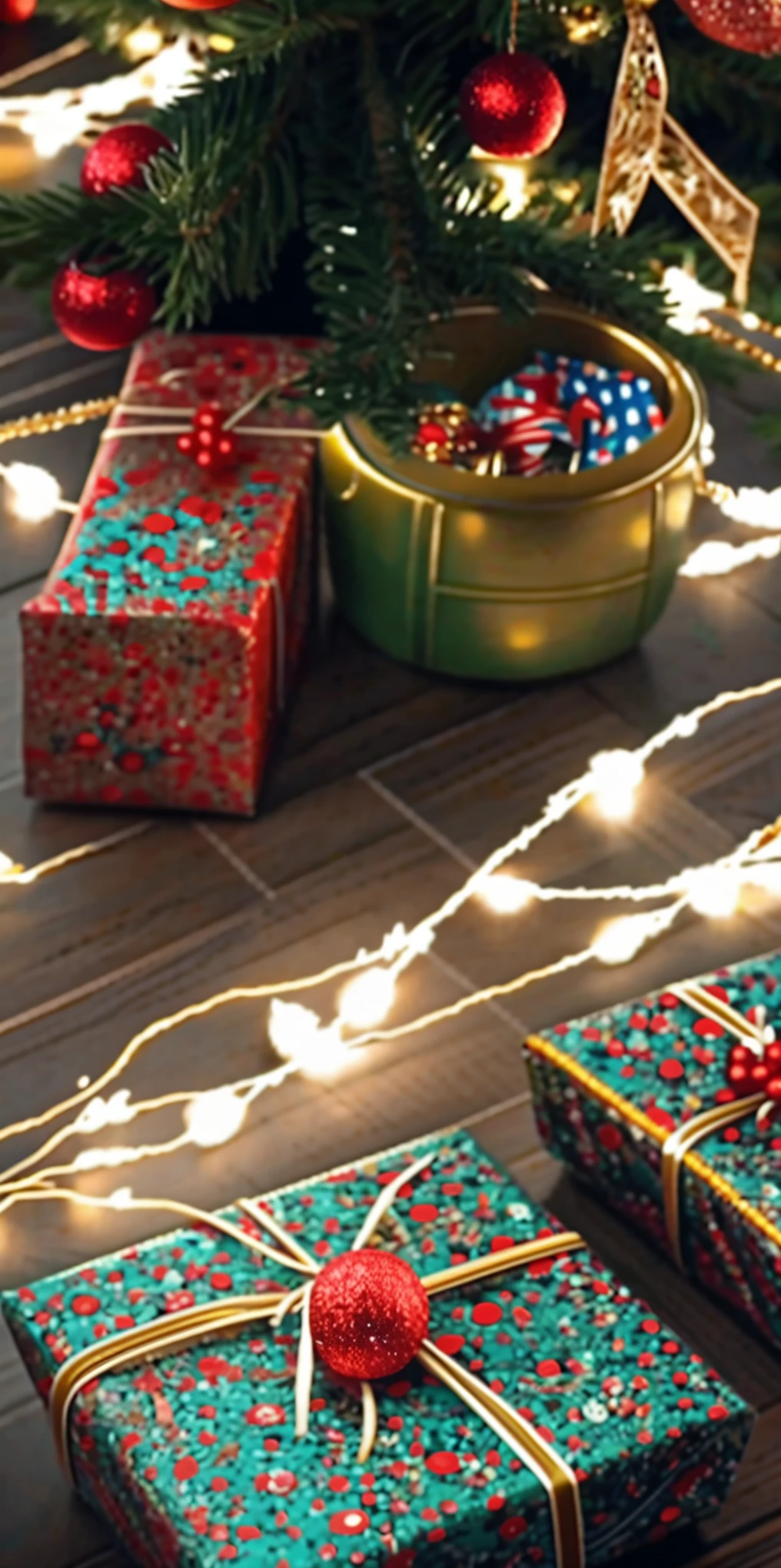 (best quality,4k,8k,highres,masterpiece:1.2),ultra-detailed,realistic,gifts,table,Christmas tree,decorations,wrapping ,bows,ribbon,presents,holiday spirit,vibrant colors,warm lighting,cozy atmosphere,toys,cards,candles,snowflakes,joyful,celebration,exquisite details,exciting surprises,shiny ornaments,sparkling tinsel,beautifully wrapped,excited children,anticipation,festive mood,magical ambiance,delightful moment,wonderful memories,family gathering,cheerful faces,Christmas magic,extravagant,abundance of presents,HDR,UHD,studio lighting,ultra-fine painting,sharp focus,physically-based rendering,professional,vivid colors,bokeh.