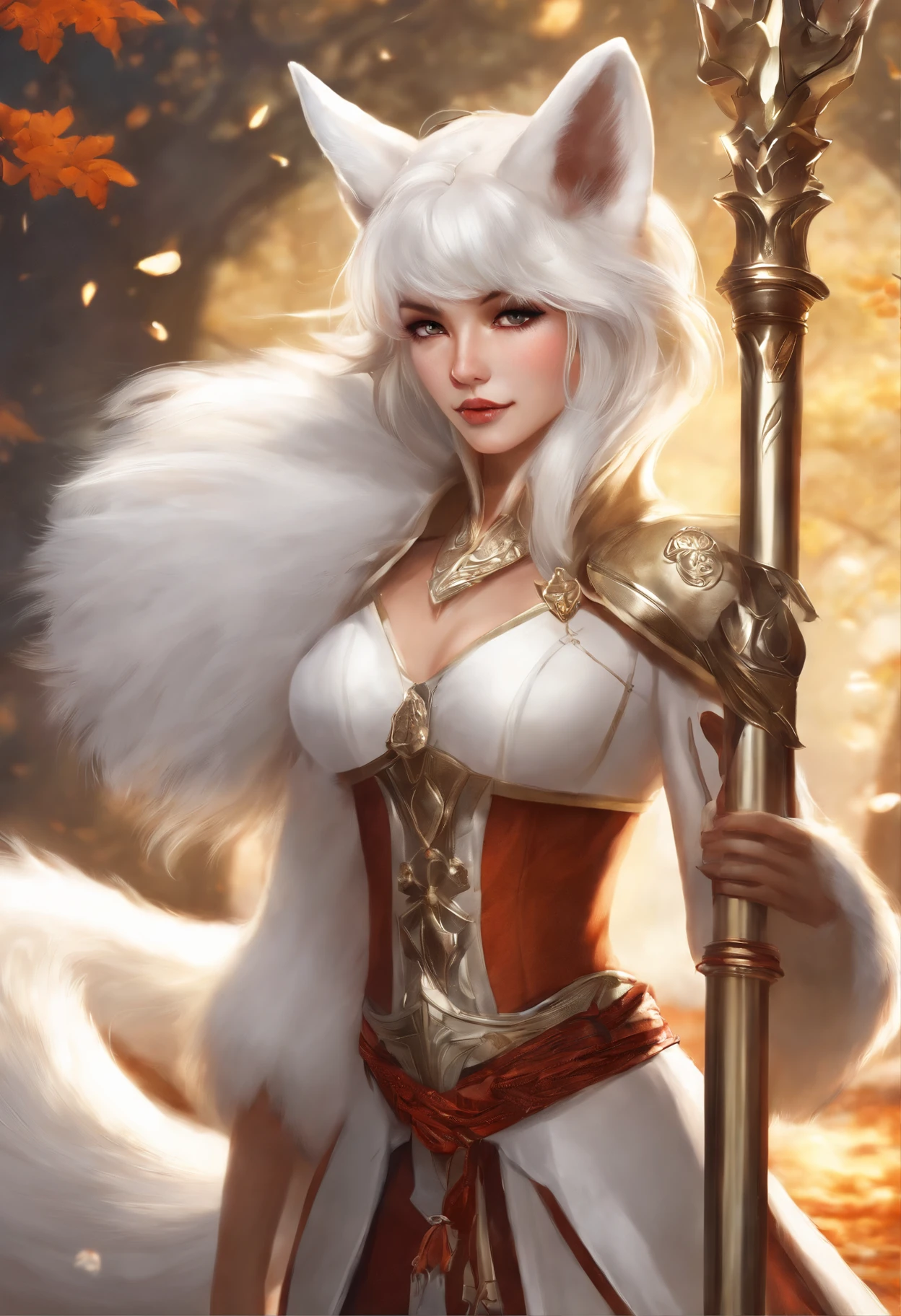 Anime - illustration in the style of a woman, dressed as a white fox, with a staff, Armor dress, Inspired by Kitsune, art of silverfox, Kitsune holding the torch, a beautiful fox lady, fox nobushi, furry fantasy art, Female anthropomorphic wolf, epic exquisite character art, very very beautiful furry art, white - haired fox, alexandra fomina artstation