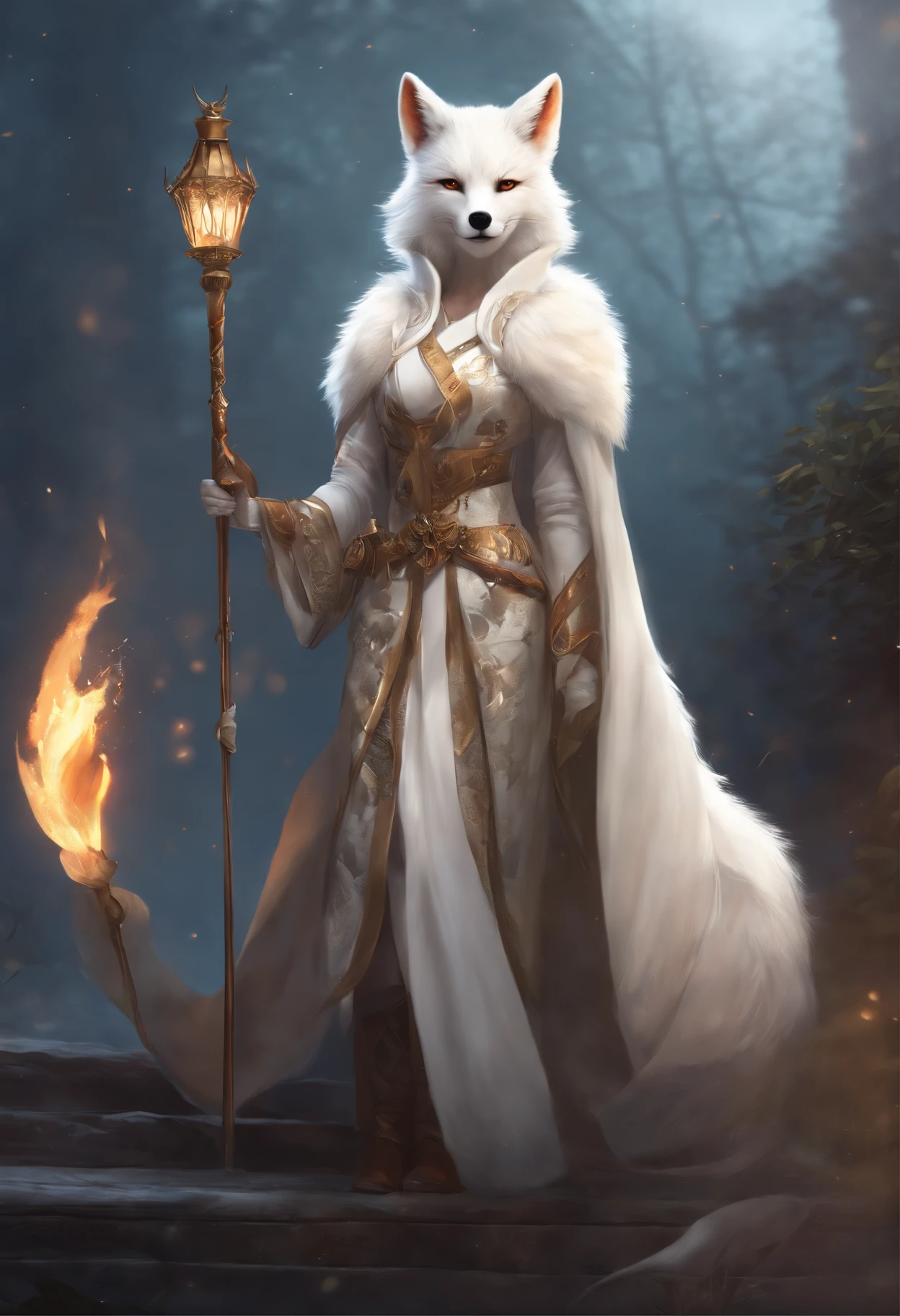 Anime - illustration in the style of a woman, dressed as a white fox, with a staff, Armor dress, Inspired by Kitsune, art of silverfox, Kitsune holding the torch, a beautiful fox lady, fox nobushi, furry fantasy art, Female anthropomorphic wolf, epic exquisite character art, very very beautiful furry art, white - haired fox, alexandra fomina artstation