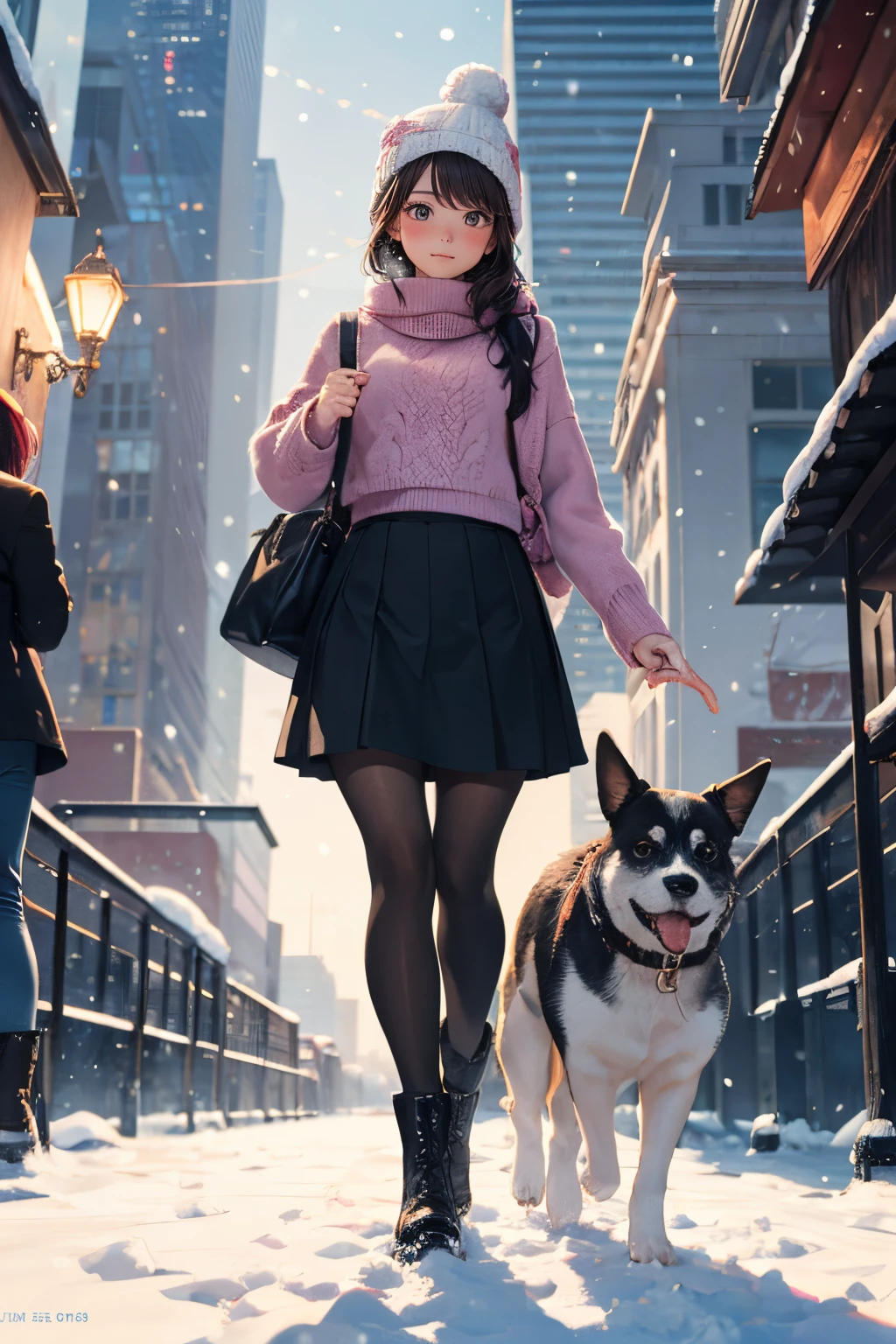 high-definition images, atmospheric perspective, 8k, super detail, accurate, best quality, angle from below, a woman, drooping eyes, blush, walking through a winter park in the city, she has one dog, food track, busy, skyscrapers, snowing, white breath, skirt, thick tights, high boots, shoulder bag, knit hat