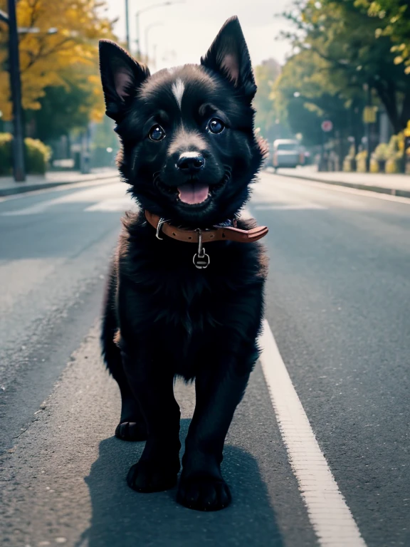 tmasterpiece, Best quality at best, cinematic Film still from, Black puppy, The puppy walked over in high spirits,swaggering on the road,Happy expression,Tail raised