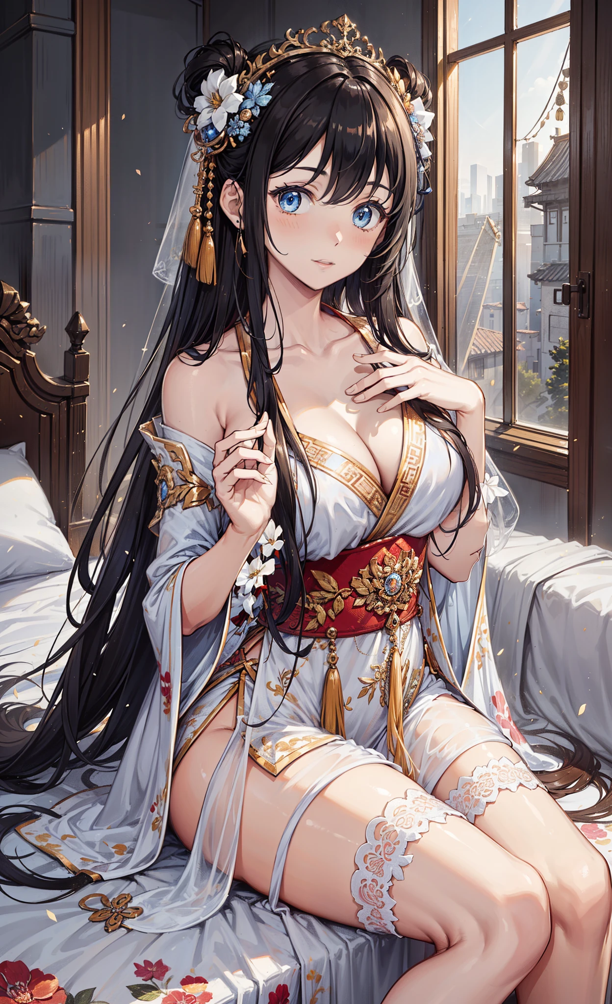 Teenage girl,see-through transparent clothes,Chinese clothequisite and beautiful eyes,Repair extra fingerinor redraw,Little light blue eyes and beautiful face