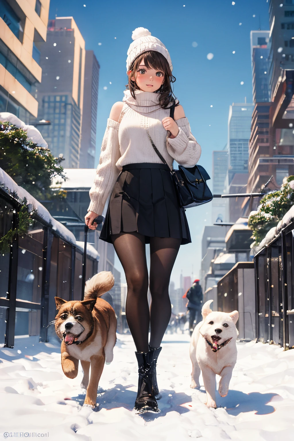 high-definition images, atmospheric perspective, 8k, super detail, accurate, best quality, angle from below, a woman, drooping eyes, blush, walking through a winter park in the city, she has one dog, food track, busy, skyscrapers, snowing, white breath, skirt, thick tights, high boots, shoulder bag, knit hat