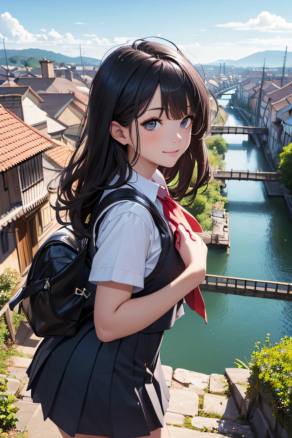 very cute and beautiful school girl,Teen,(very detailed beautiful face and eyes:1.2),(Cowboy Shot),
Smile,Black hair,Seifuku,(Mini skirt),Dynamic Pose,Dynamic Angle,Looking at Viewer,
many european houses with red roofs,(Town overview),A narrow river and a stone bridge in the distance,Detailed landscapes,
(Best Quality,masutepiece:1.2),Intricate details,Extremely detailed,Ultra-detailed,8K resolution,Solo,Natural lighting,
Hair fluttering in the wind,Beautiful detailed sky,(Realistic),