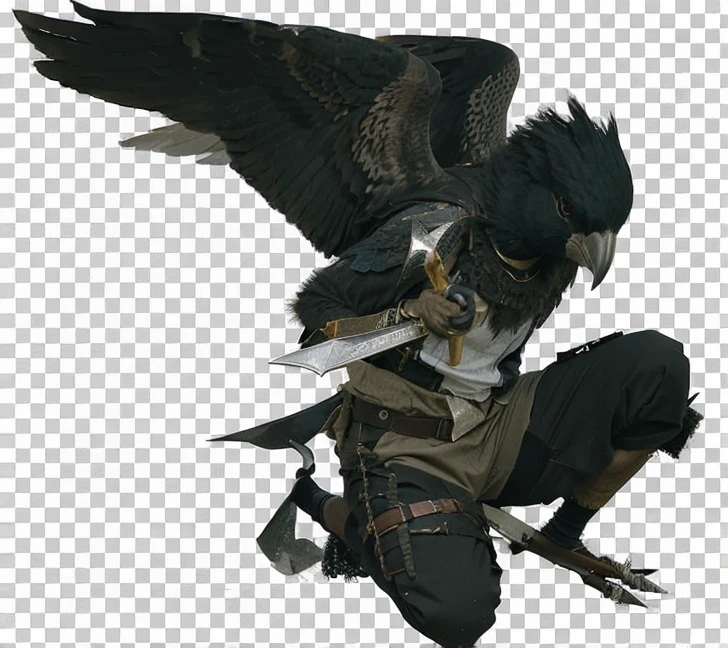 Bird head, wearing shirt, holding dagger