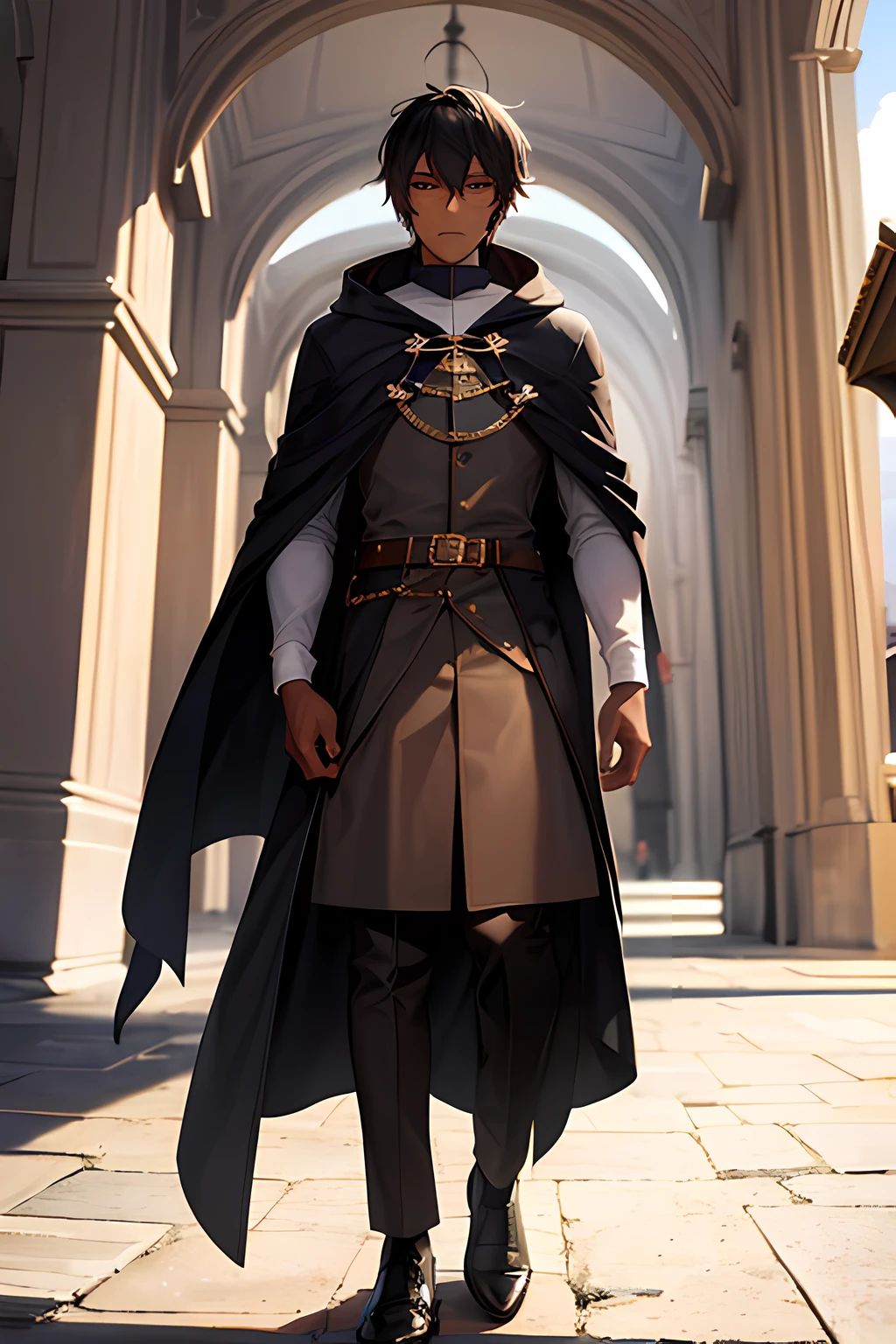 25 year old dark skinned male in a dark cloak walking towards the castle gates