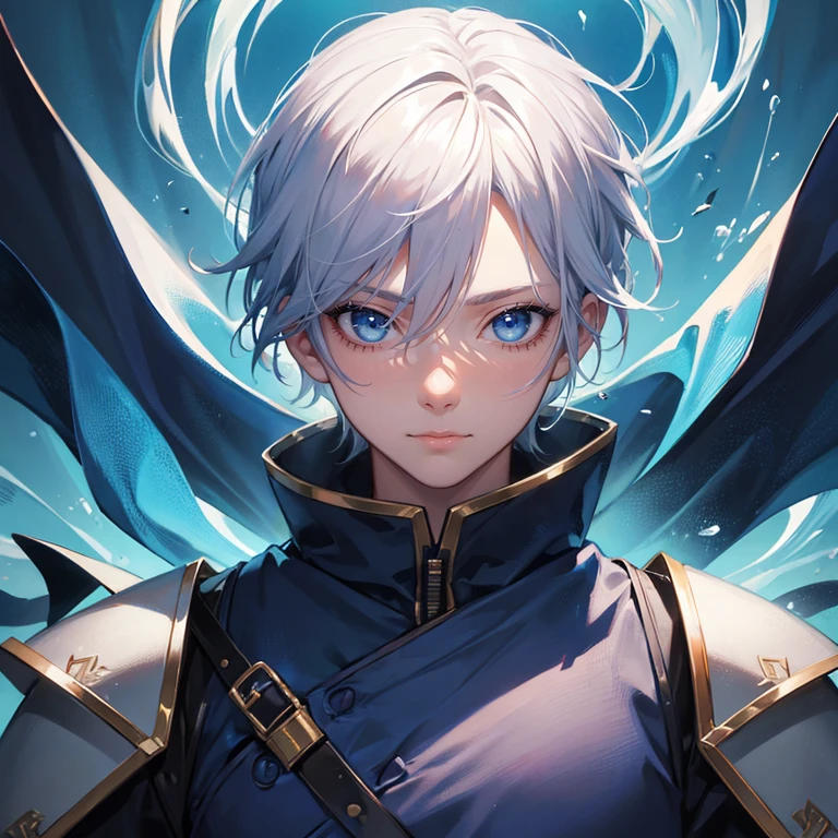 Boy, handsome, short white hair, (masterpiece:1.2、highest quality), (Exquisite blue eyes: 1.2), (Detailed Background、Dark fantasy), (cool detailed face), High Contrast, (Best lighting、Very delicate and cool), ((Cinema Lighting)), black coat with white dirty cloth, blood splatter, traveler, Hyper Detail, Dramatic Light, Intricate details, serious face, moon behind (25 years old, 1 boy, solo, white short hair, messy hair, pony in left ,Sharp Face, blue eyes, hair between the eyes, Dynamic), (Blood splatter:1.4), Black light swirling around the character, Depth of written boundary, blue light particles, Nightcore, black magician, Spectacular anime style, zerochan art, Anime Wallpaper, Burning, High quality anime art style, Key Anime Art