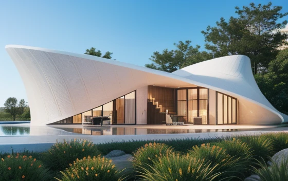 library project perfect wave format, exterior White color,déign by Zaha Hadid, realistic photo of innocense design ::1.6 With pools and gardens. crease surface, sinuous. Cinematic, Photography, Ultra - Wide Angleб hyper - detailed, insane details, covered in plants, intricate details, beautifully color graded, Unreal Engine ::1