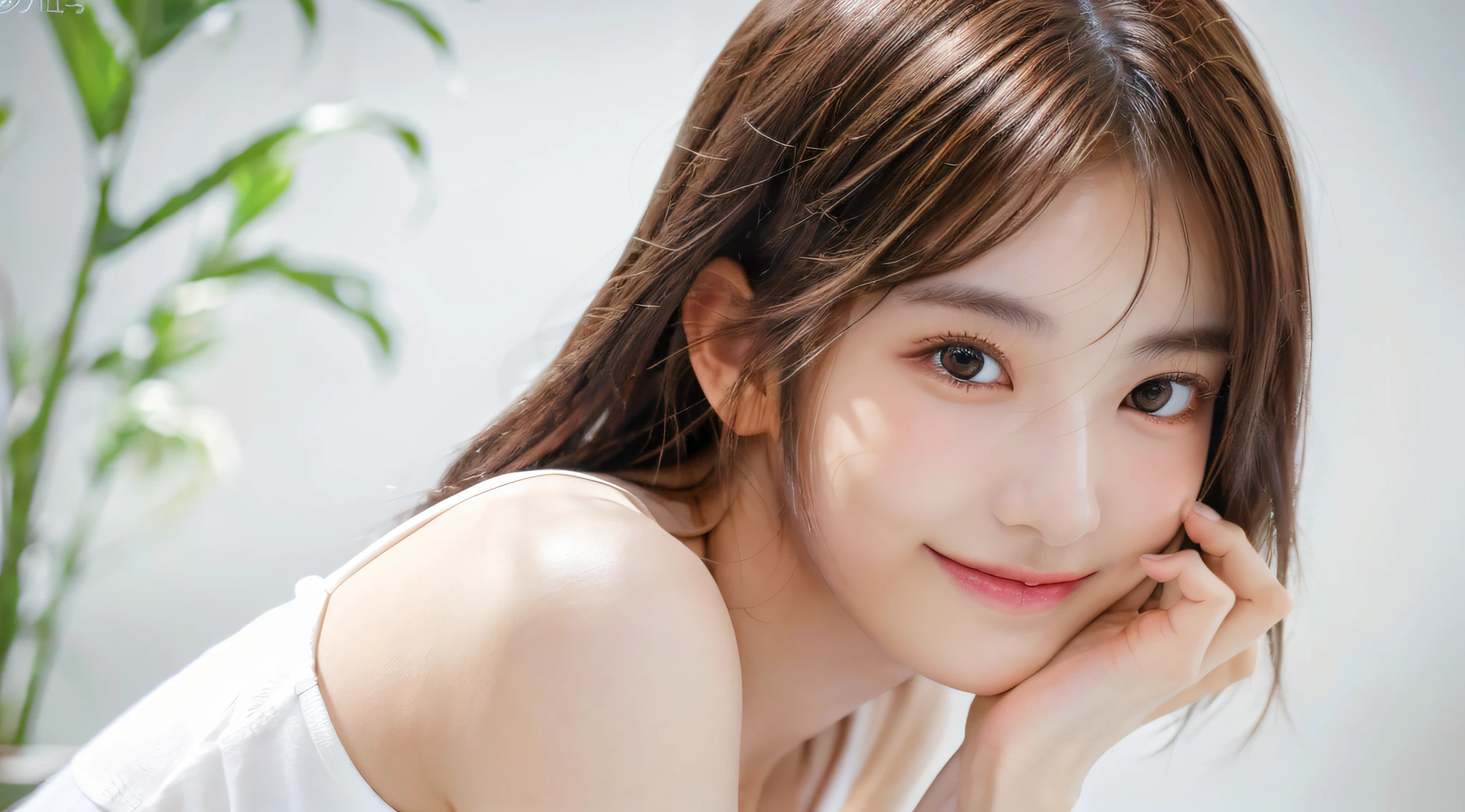 Young japanese lady, 30s, White background, Brown hair, slender, 4K, 8K, High quality, Beauty, Smile, Beautiful eyes, It features a simple, High resolution,1 person
