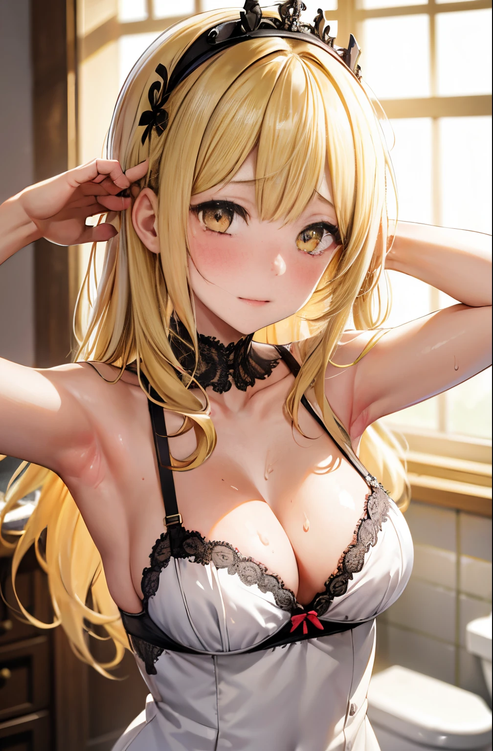 masutepiece, Best Quality, 1girl in,Shoot a girl head-on, Looking at Viewer, Cute, Bra, medium breasts, Yellow eyes, Behind Wallenstein, Yellow hair, Long hair, Beautiful detailed eyes, embarrassed,red blush,is crying,Put your hands on your head,Armpit, full of sweat,(Upper body:1.3), robe blanche,Toilet background, ((mistress, Authority))