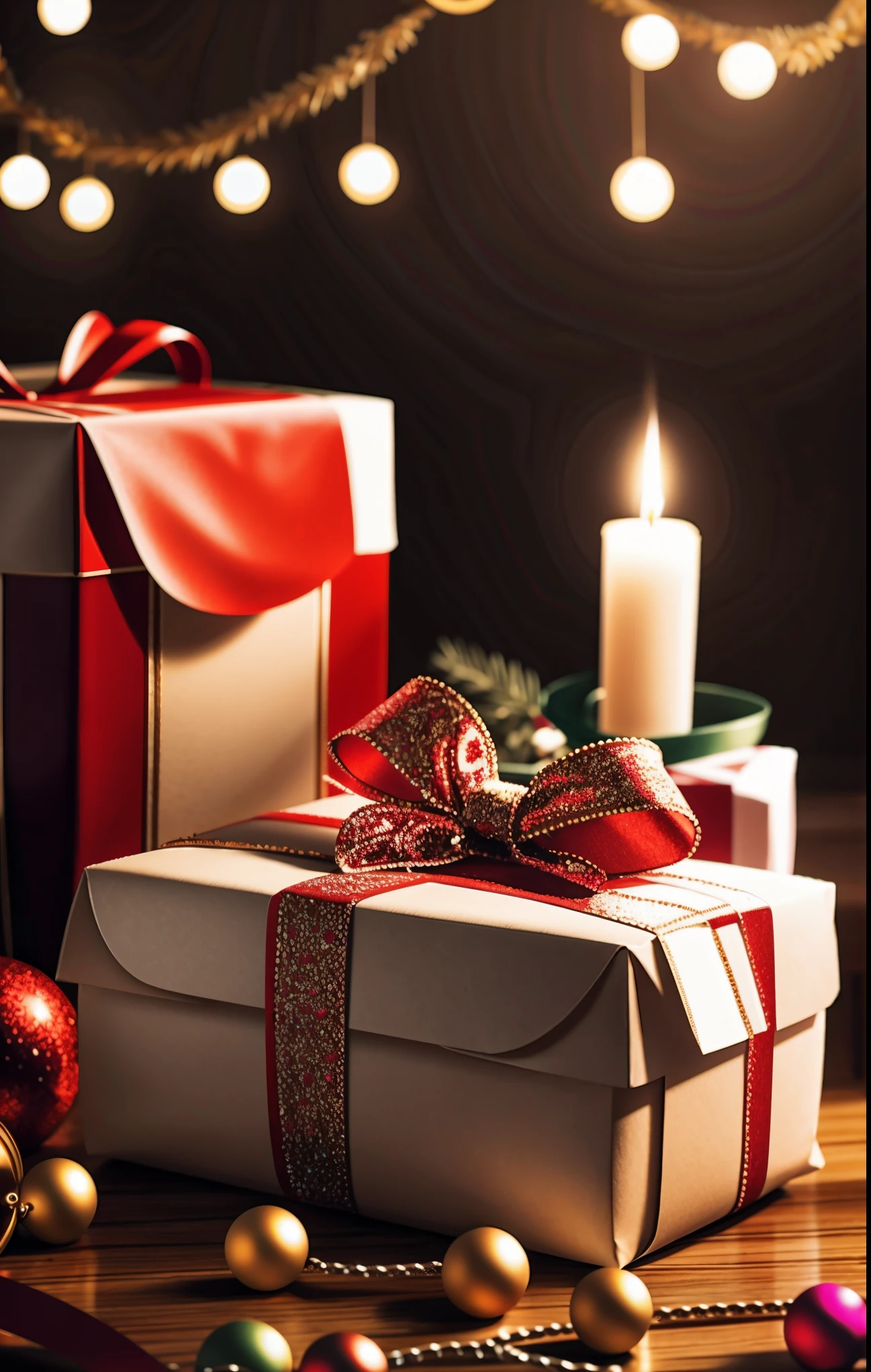 (best quality,4k,8k,highres,masterpiece:1.2),ultra-detailed,realistic,gifts,table,Christmas tree,decorations,wrapping ,bows,ribbon,presents,holiday spirit,vibrant colors,warm lighting,cozy atmosphere,toys,cards,candles,snowflakes,joyful,celebration,exquisite details,exciting surprises,shiny ornaments,sparkling tinsel,beautifully wrapped,excited children,anticipation,festive mood,magical ambiance,delightful moment,wonderful memories,family gathering,cheerful faces,Christmas magic,extravagant,abundance of presents,HDR,UHD,studio lighting,ultra-fine painting,sharp focus,physically-based rendering,professional,vivid colors,bokeh.