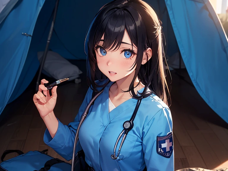 NSFW,(masterpiece), (portrait), (aesthetic), (beautiful), (upper blody), (high quality), (aesthetic clothings), (professional angle), (rule of thirds), (Feminine), (woman), (female), (beautiful),(feminine features), (21 years), solo, 1 woman, (attractive American), Any, (Dust or Medical Tent), (Day), (Soft light), ((Treating Wounded Soldier)), (Holding Medical Supplies ), ((Looking Down Face)), ((Compassionate)), (Natural Make-up), (Moderate Bust), (Medical Bag, Stethoscope), ((Long Hair)), (Brunette Hair), (Straight Hair), (Loose Waves hair), (- in Hair), (Wide Open Eyes), (Light Blue Eyes), (Caring and Strong Look), Fair skin, (Subtle Medical Details Clothing), (Combat Medic Uniform), (-), (Cargo Pants ), (V-neck Neckline), ((Military Base or Field Hospital background)), (Medium Shot), beautiful hands, two hands, normal hands, two arms, complete hands, beautiful body, beautiful fingers, normal fingers, five fingers, five fingers, beautiful ears, normal ears, beautiful eyes, shiny eyes, beautiful mouth, beautiful lips,