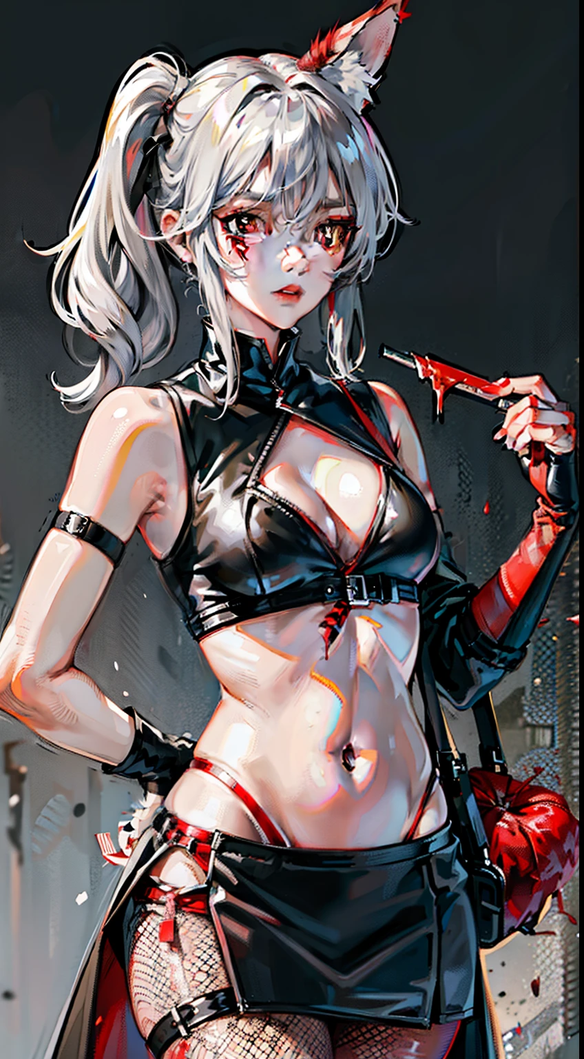 girl, medium length gray hair, red eyes, Wolf ears, Red tight top, Sleeveless, Fishnet tights, Leather skirt, tmasterpiece, high high quality，There is blood around the belly button，stomach injury，There is blood in the belly button，bloods，wounded，Cover your tummy