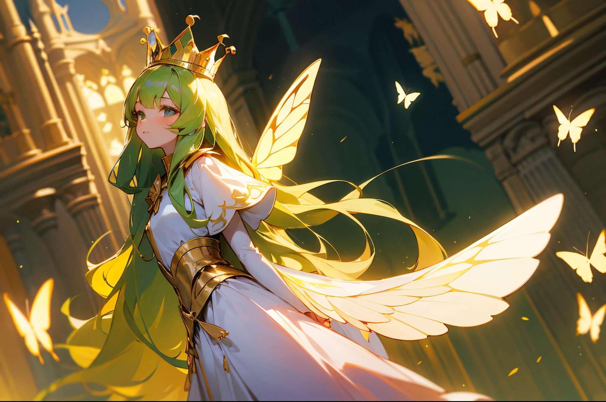 teens girl,green long hair,A princess,Golden crown,White cape,Princess dresasket,apples,Incredible golden butterfly wings,long whitr hair,curlieuturistic,The background is the castle