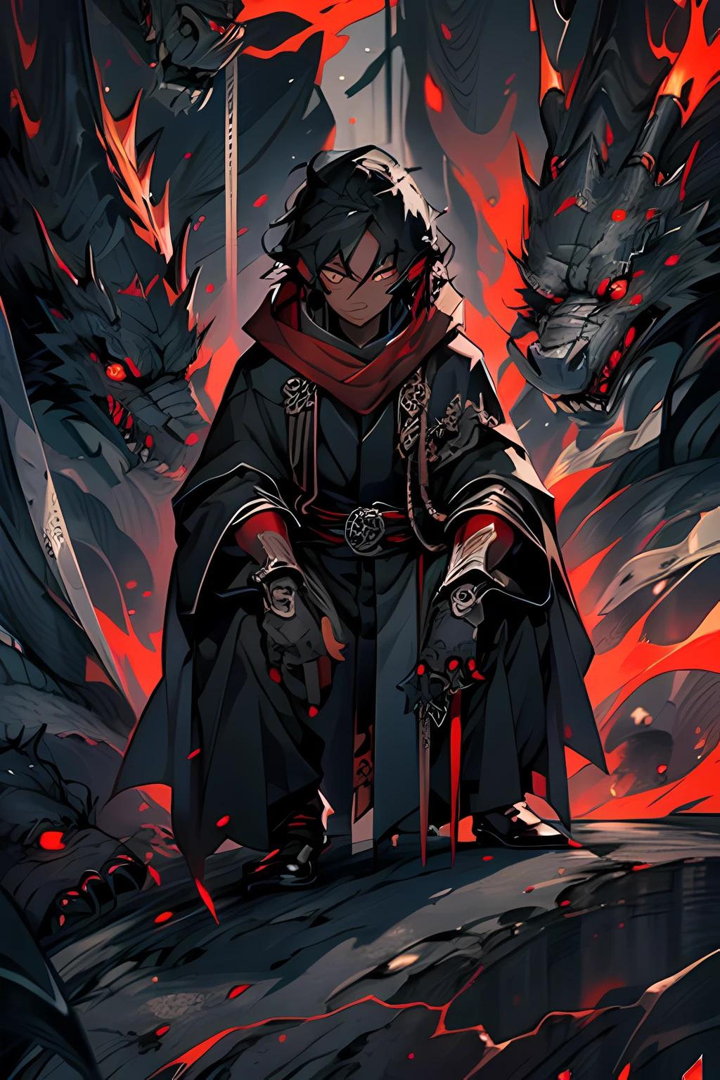 25 year old dark skinned male in a dark cloak with red eyes, holding black flames