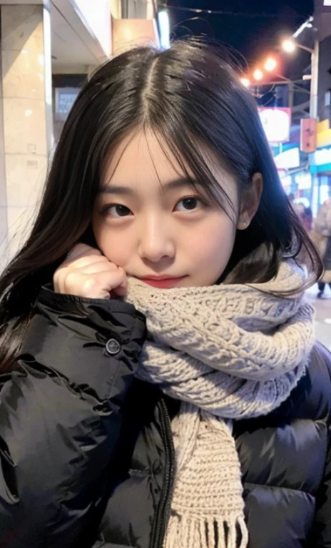 ulzzang -6500-v1.1, (Raw foto:1.2), (Photorealsitic:1.4), a beautiful detailed girl, extremely detailed eye and face, beatiful detailed eyes, Ridiculous, unbelievable Ridiculous, huge filesize, ultra-detailliert, hight resolution, ighly detailed, top-quality, ​masterpiece, Kemomimi, ((bury your face in your scarf)), (((Japan schoolgirl uniform))), ((black puffy down jacket)), illustratio, ighly detailed, nffsw, unification, 8k wallpaper, astonishing, finely detail, ​masterpiece, top-quality, Highly detailed ticker uniform 8K wallpaper, face lights、Cinematographic lighting、1girl in、sixteen years old、(No panties ULL BODYSHOT))