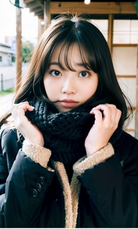 ulzzang -6500-v1.1, (Raw foto:1.2), (Photorealsitic:1.4), a beautiful detailed girl, extremely detailed eye and face, beatiful detailed eyes, Ridiculous, unbelievable Ridiculous, huge filesize, ultra-detailliert, hight resolution, ighly detailed, top-quality, masterpiece, Kemomimi, ((bury your face in your scarf)), (((Japan schoolgirl uniform))), ((black puffy down jacket)), illustratio, ighly detailed, nffsw, unification, 8k wallpaper, astonishing, finely detail, masterpiece, top-quality, Highly detailed ticker uniform 8K wallpaper, face lights、Cinematographic lighting、1girl in、、(No panties ULL BODYSHOT))