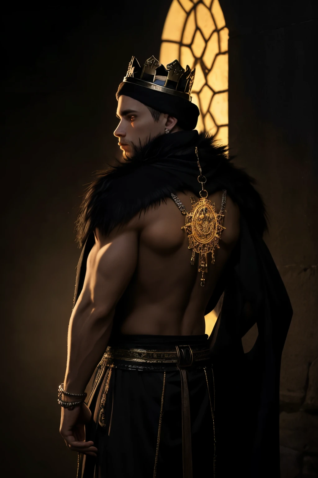 Eminem, transformed into an ancient god of the darkness, adorned in intricately crafted, furry clothes that emulate the textures of shadows and nighttime. His muscles are toned and defined beneath the soft, shadowy fabric, contrasting with the flowing, loose fit of the garment. His skin is a deep ebony hue, almost blending into the darkness that surrounds him. His long, luscious locks cascade down his back, framing his chiseled features and piercing gaze. A crown of midnight-black fur sits atop his head, adorned with a single, glowing ember that casts a warm, ethereal light on his face. Around his neck, he wears a pendant made of obsidian, its surface etched with intricate designs that seem to shift and change in the flickering light. His hands are bedecked with rings and bracelets, each piece more elaborate than the last, glinting ominously in the dim light. Standing in front of a backdrop of complete darkness, Eminem's ancient god-like presence fills the entire frame, as if he were the very embodiment of the shadowy realm he rules. The image is rendered in exquisite detail, showcasing every nuance of his furry attire and the surrounding darkness, drawing the viewer into the world of this ancient god of the night.