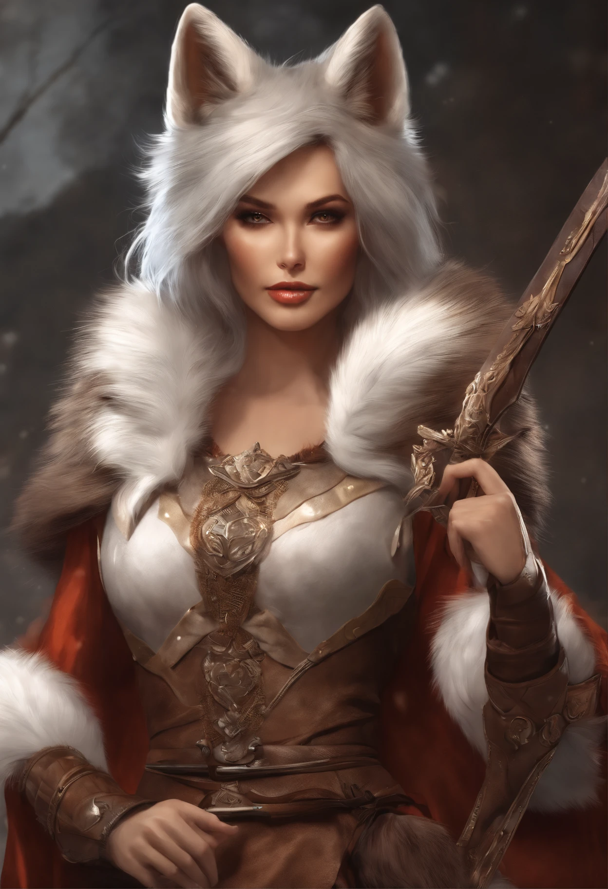 a woman in a brown outfit stands with a sword and a fox, Armor dress, Inspired by Kitsune, fur armor, Wearing fur armor, Female anthropomorphic wolf, a beautiful fox lady, Fur and leather armor, wearing intricate fur armor, Wolf armor, anthro art, very very beautiful furry art, art of silverfox, Red Female Killer, female fox