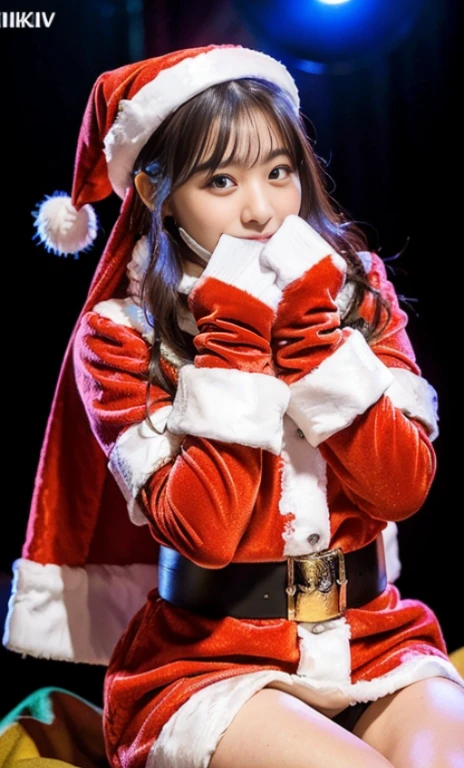 ulzzang -6500-v1.1, (Raw foto:1.2), (Photorealsitic:1.4), a beautiful detailed girl, extremely detailed eye and face, beatiful detailed eyes, Ridiculous, unbelievable Ridiculous, huge filesize, ultra-detailliert, hight resolution, ighly detailed, top-quality, masterpiece, Kemomimi, ((bury your face in your scarf)), (((miniskirt santa claus costume))), illustratio, ighly detailed, nffsw, unification, 8k wallpaper, astonishing, finely detail, masterpiece, top-quality, Highly detailed ticker uniform 8K wallpaper, face lights、Cinematographic lighting、1girl in、、(witheout panties)、((dynamicposes)))、(camel's toe)、(half)、(Crooked knees and legs sitting))